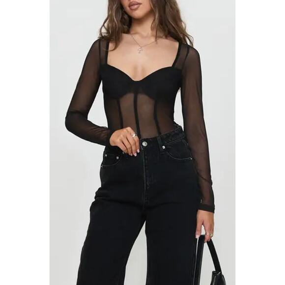 Princess Polly Leonie Black Mesh Sheer Long Sleeve Corset Bodysuit Top Size 6 - Picture 1 of 4